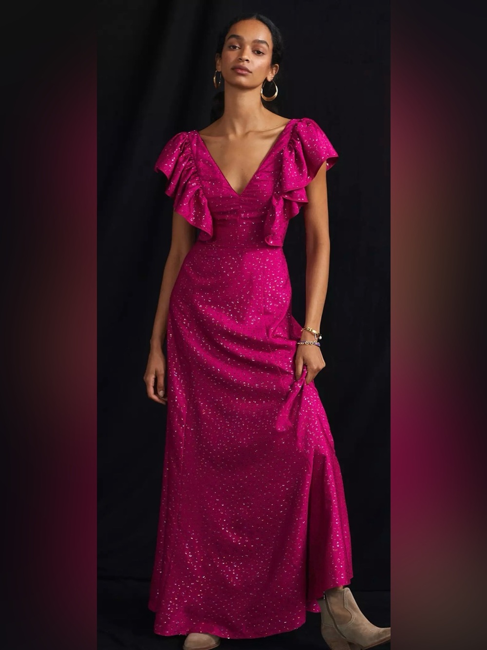 Hutch Sparkle Fuchsia Ruffle Maxi Dress XS